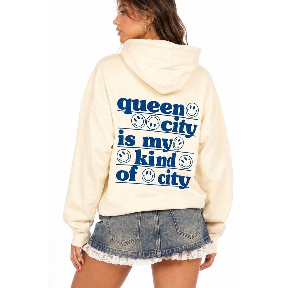 Girl Tribe Co Queen City Smiley Face Hoodie Cream Oversized Sweatshirt | XXL